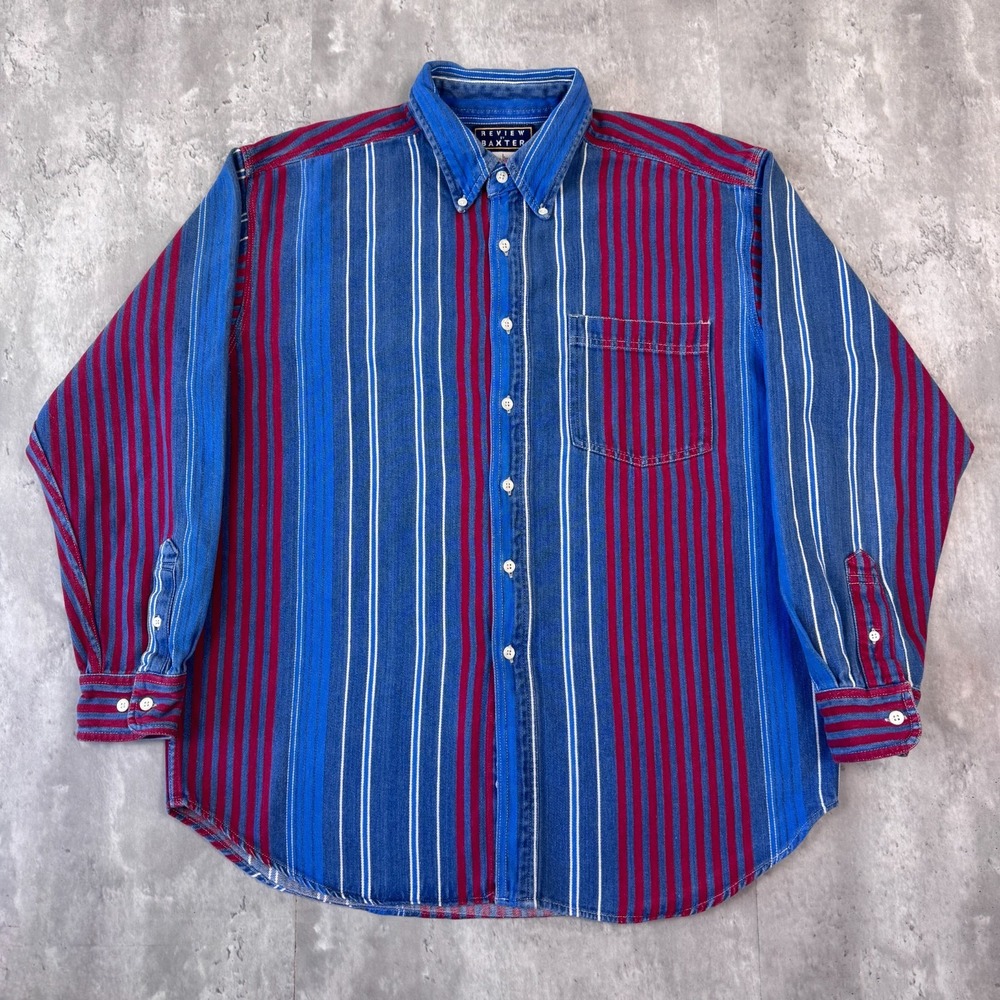 Review By Baxter Shirt Mens L Blue Red Stripe Vintage 90s Cotton Button Down